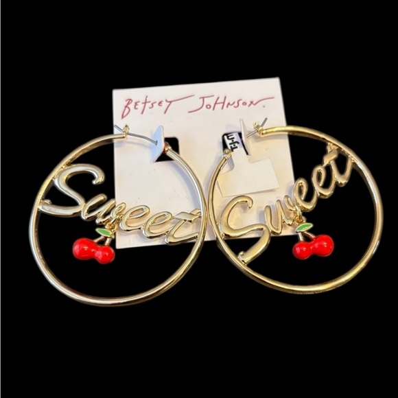 BETSEY JOHNSON 2025 Sweet Cherry Gold Large Hoop Bold 80s Style Earrings NEW NWT - Picture 1 of 14